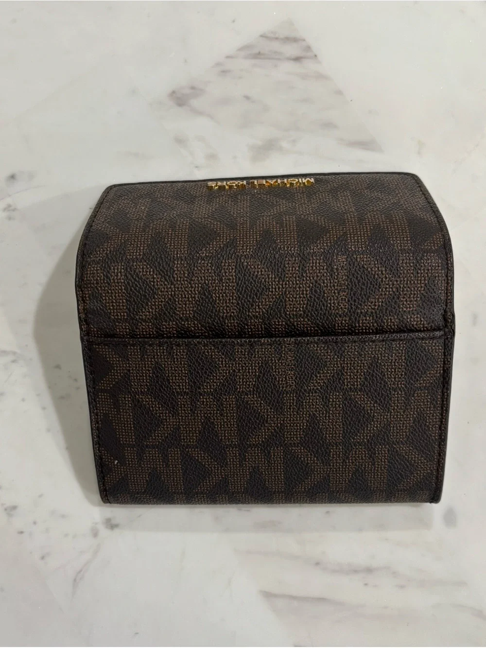 Michael Kors Brown Logo Trifold Wallet with Blush Accent